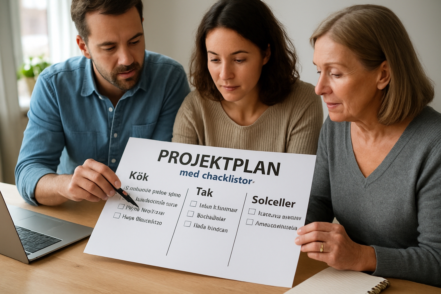 Projektplan med checklistor för kök, tak och solceller i villan